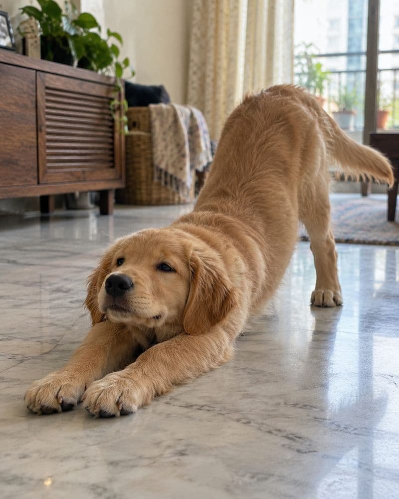 A golden puppy stretching after a walk
