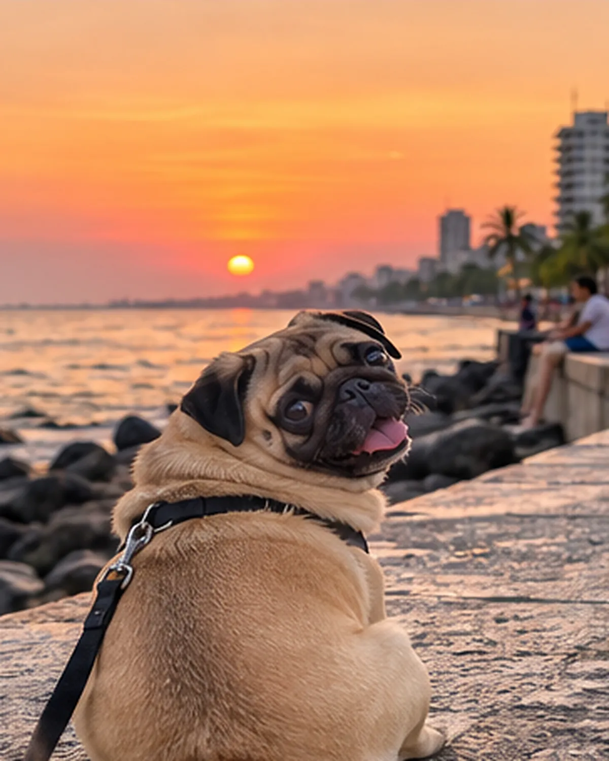 Laddoo, a pug, looking back over its shoulder on Carter Road at sunset