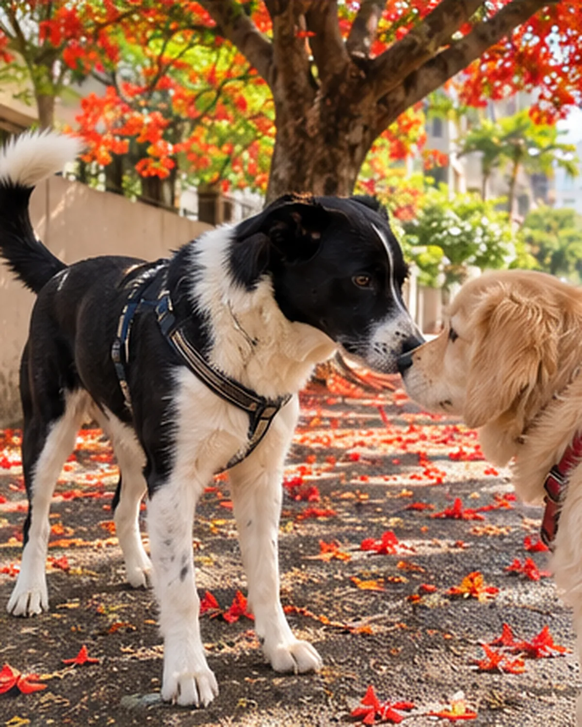 Pepper, a black-and-white Indie, meeting another dog under a gulmohar