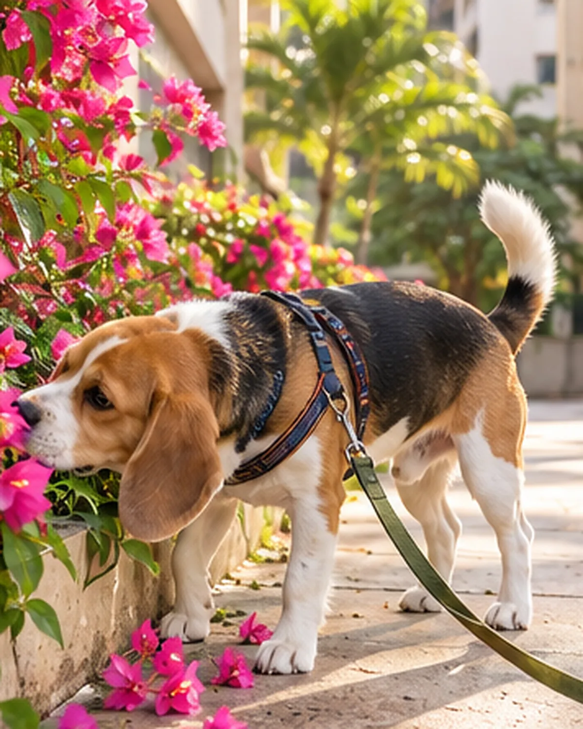 Toffee, a beagle, nose-down in a bougainvillea hedge