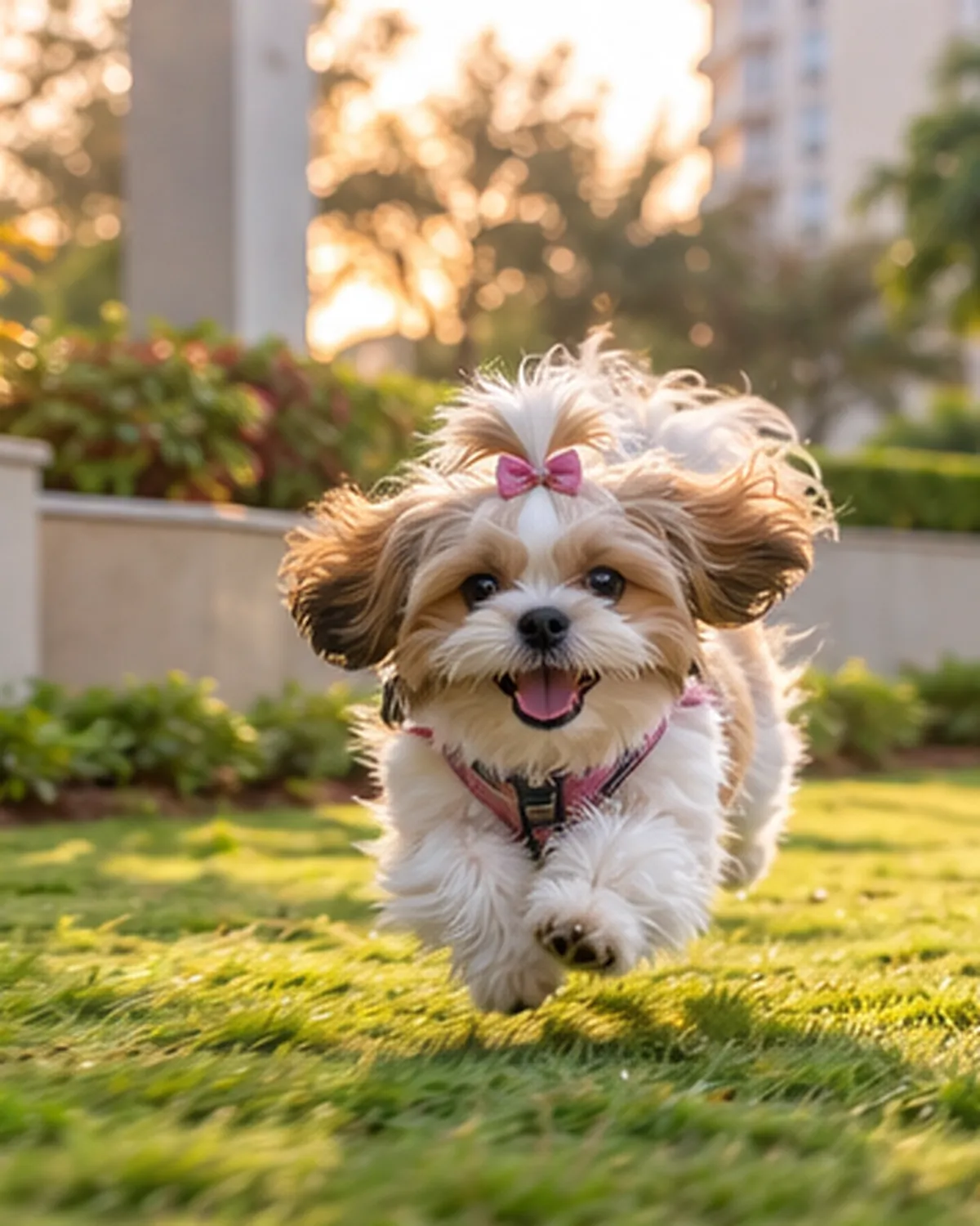 Zoya, a Shih Tzu, running across a podium garden at golden hour